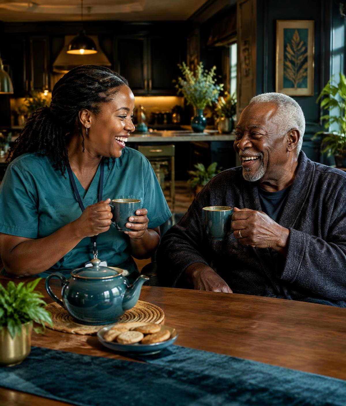 Caregiver sharing tea and laughter with an older man at home