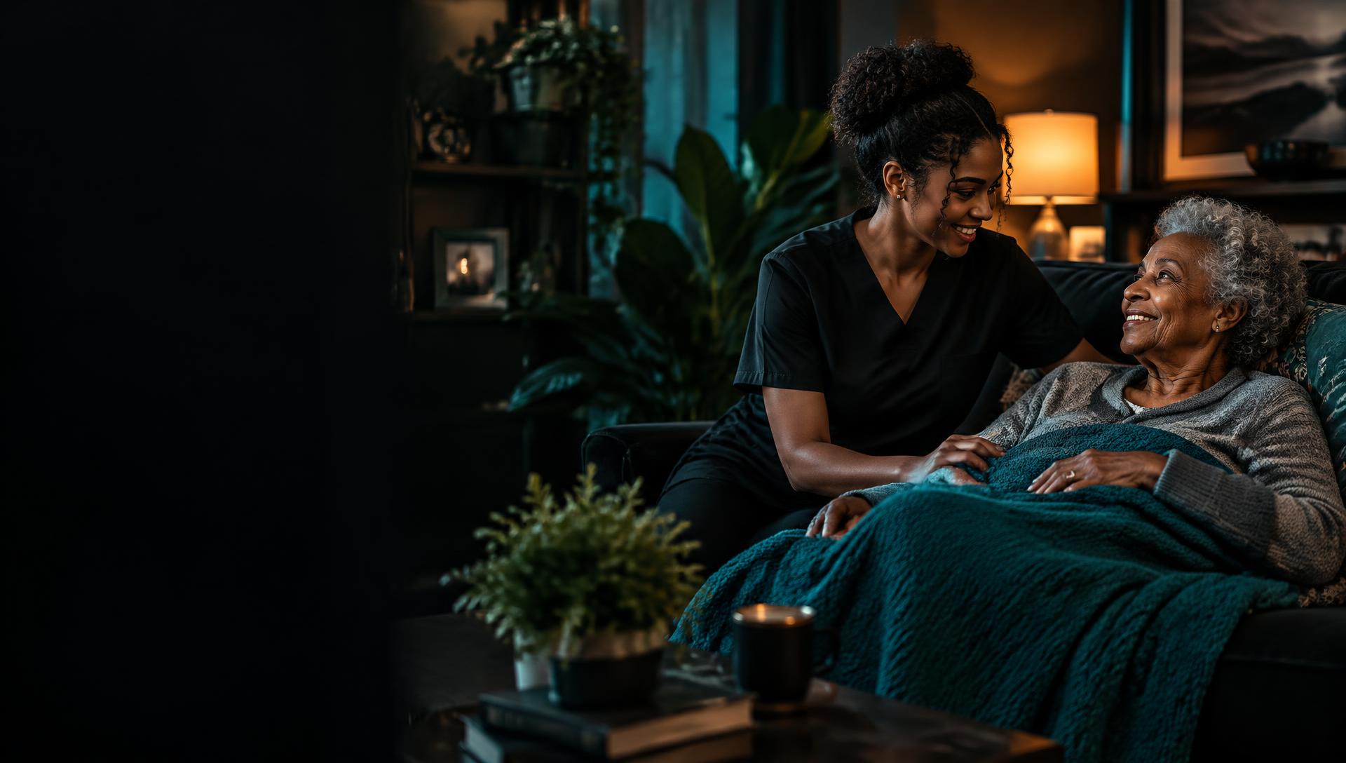 Caregiver smiling with an older woman resting comfortably at home